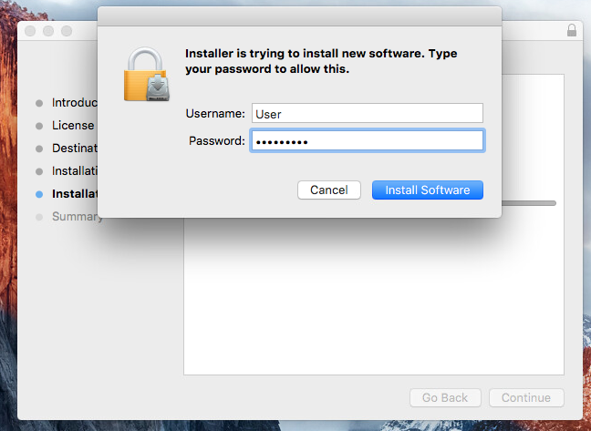 Enter your device password, if you have one configured, and click ‘Install Software