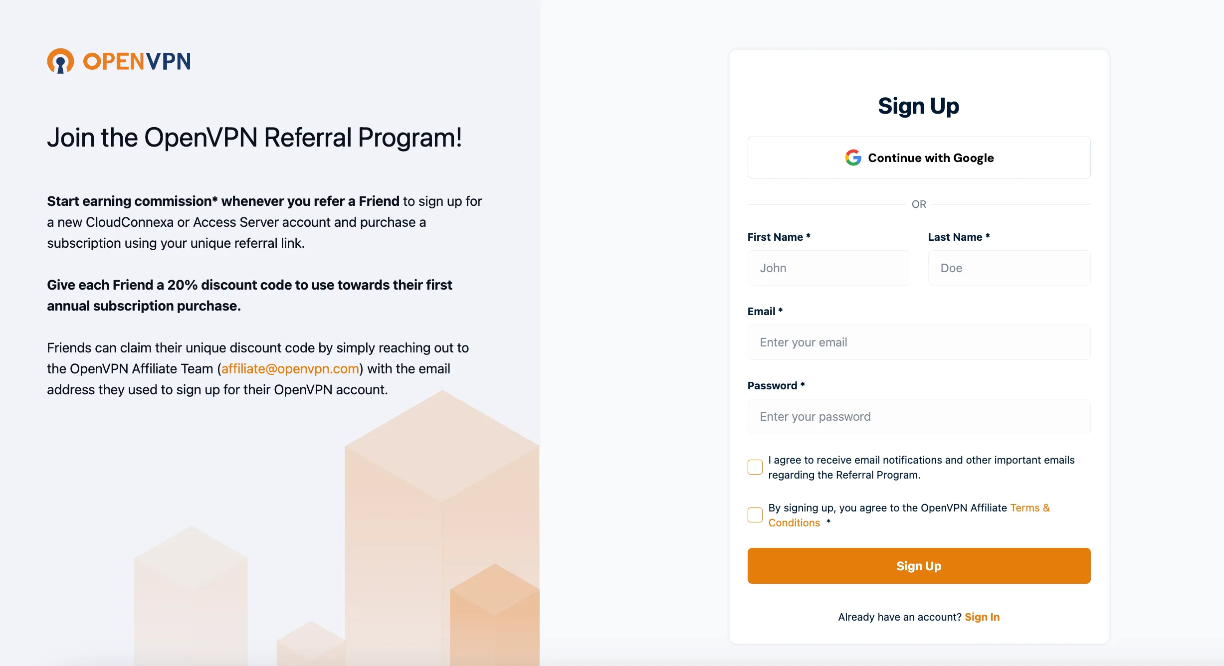 Sing up Customer Referral OpenVPN