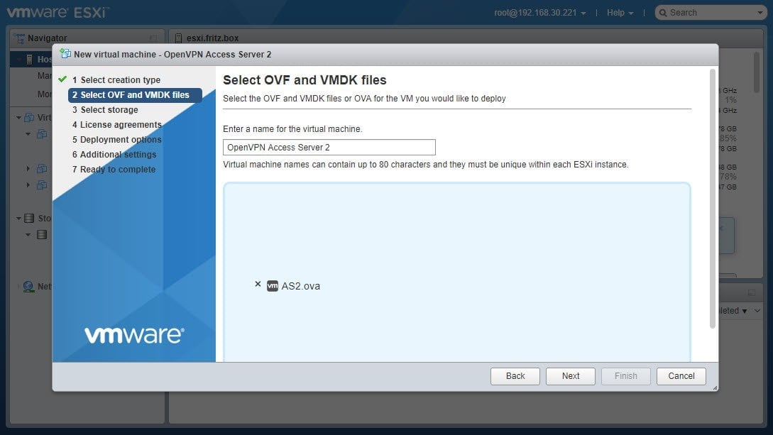 enter a name and select the appliance file