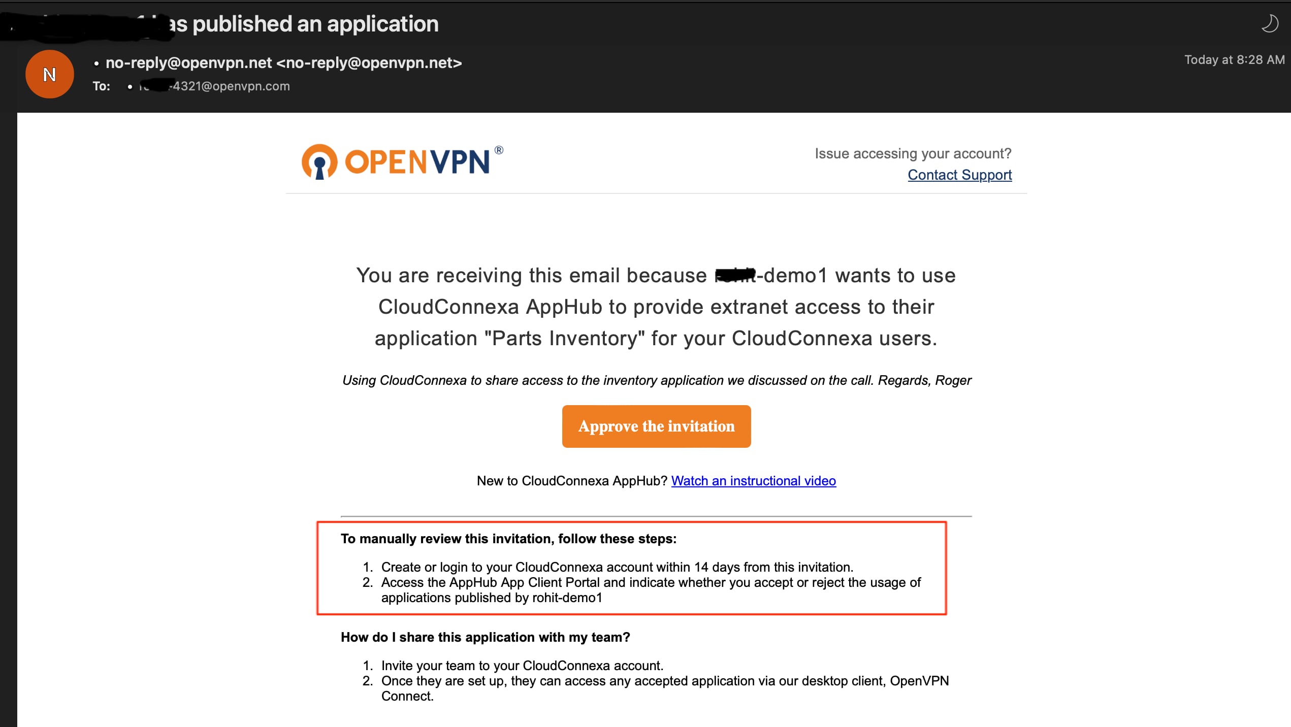 apphub non owner email invitation