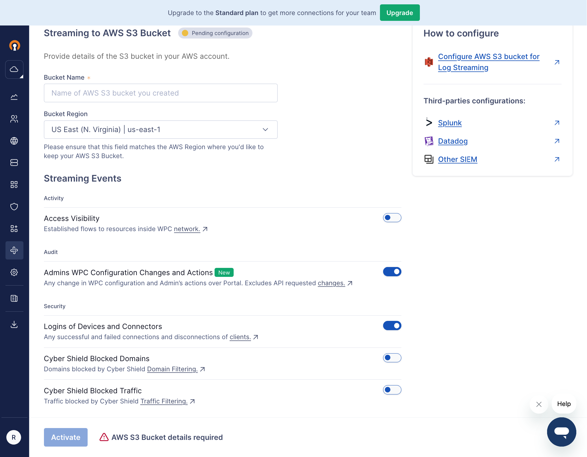 Screenshot of the Log Streaming Configuration page