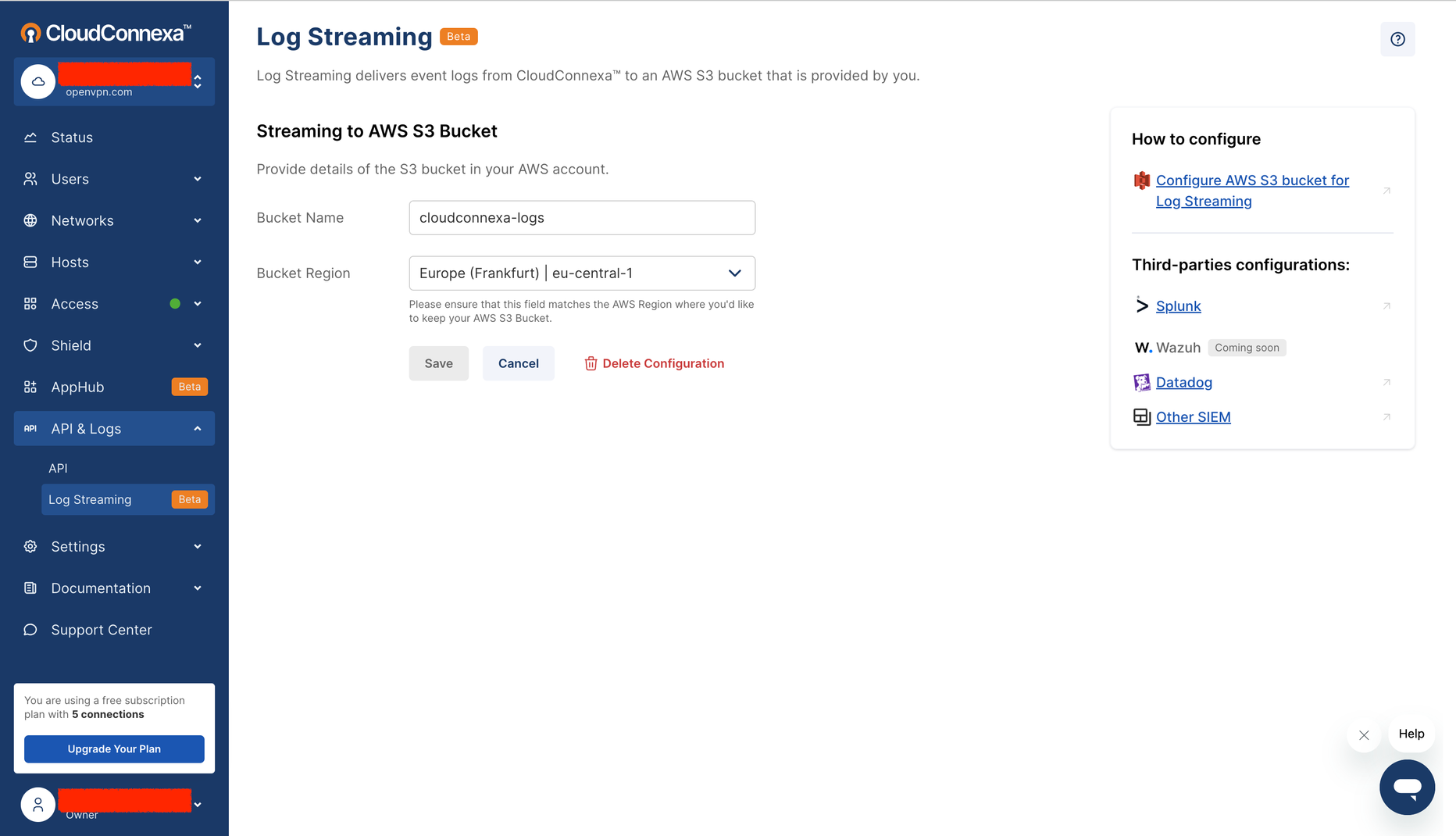 Screenshot of the CloudConnexa Portal with Log Streaming configured with the above AWS S3 Bucket details