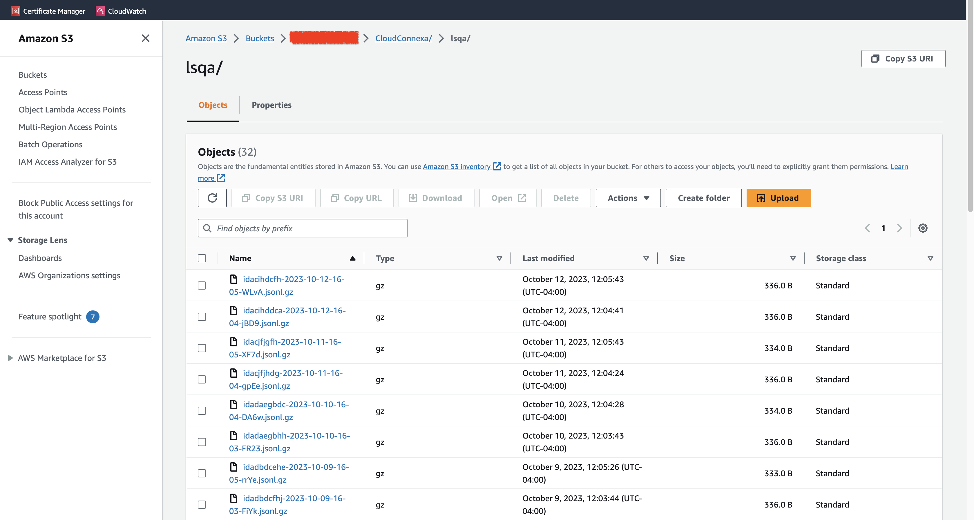 Screenshot of log files in the AWS S3 bucket