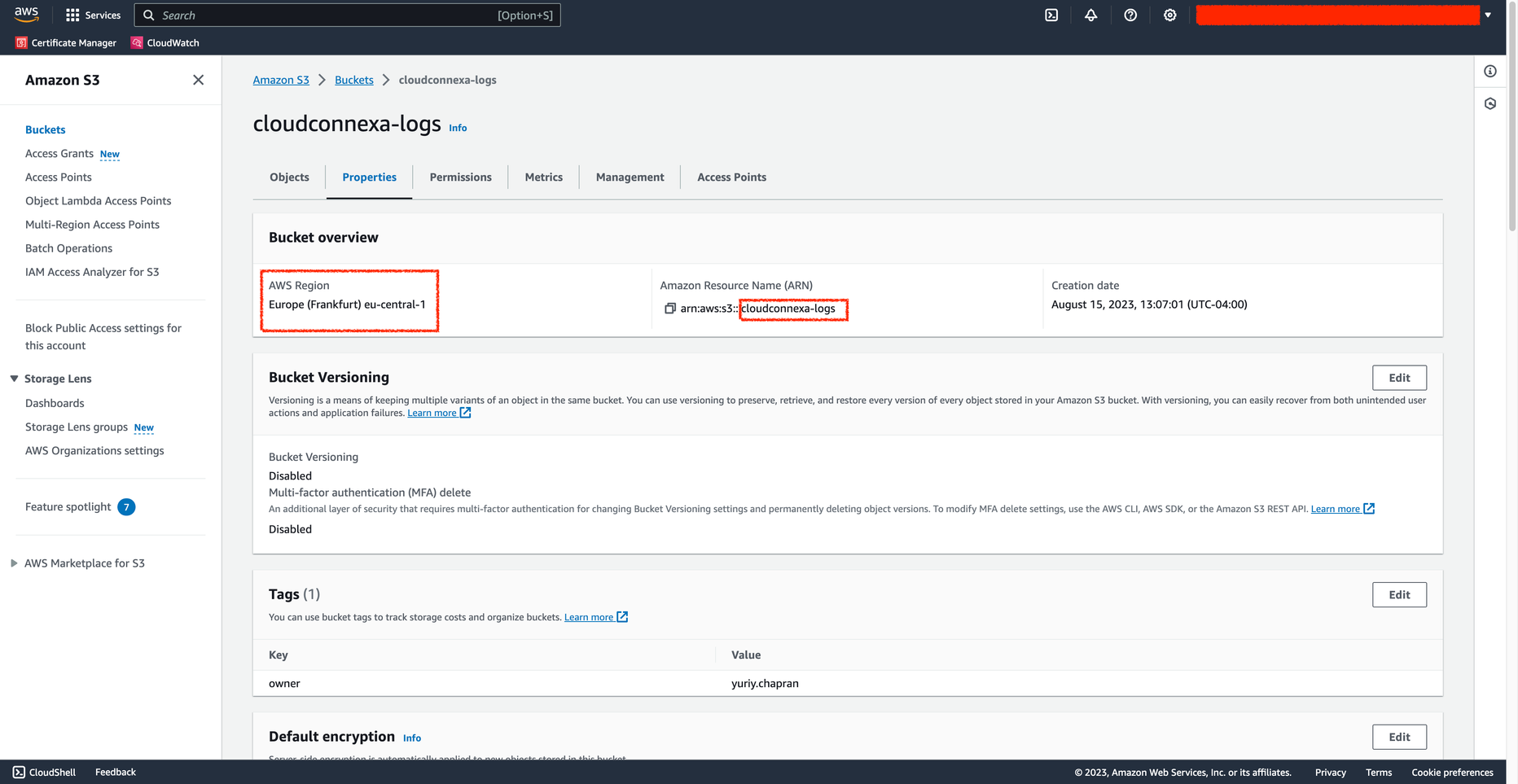 Screenshot of the AWS S3 bucket configuration showing the Bucket Name and AWS Region