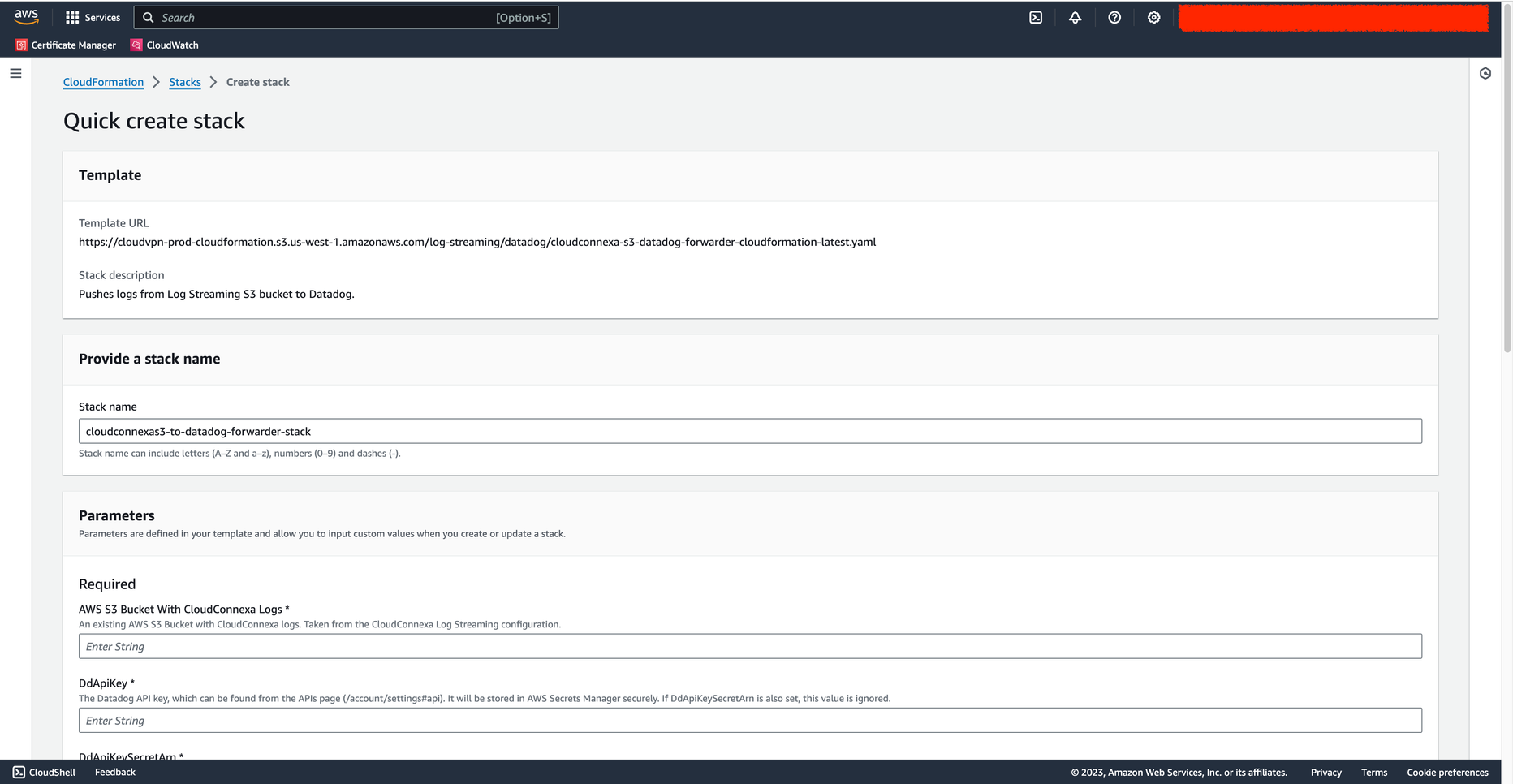 Screenshot of CloudFormation Stack Configuration