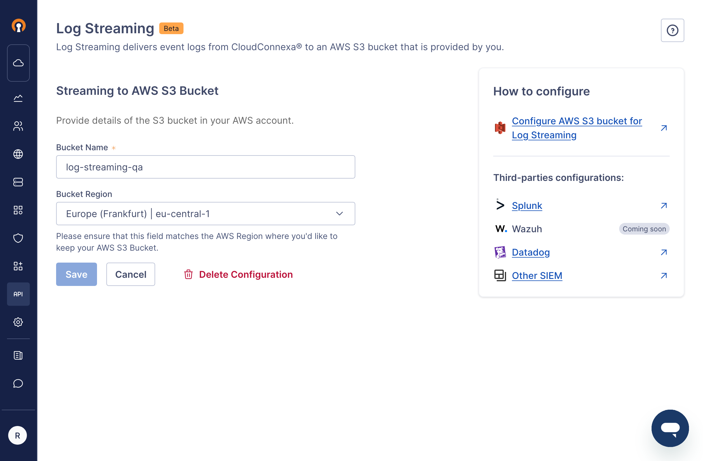 Screenshot showing the 'Delete Configuration' option