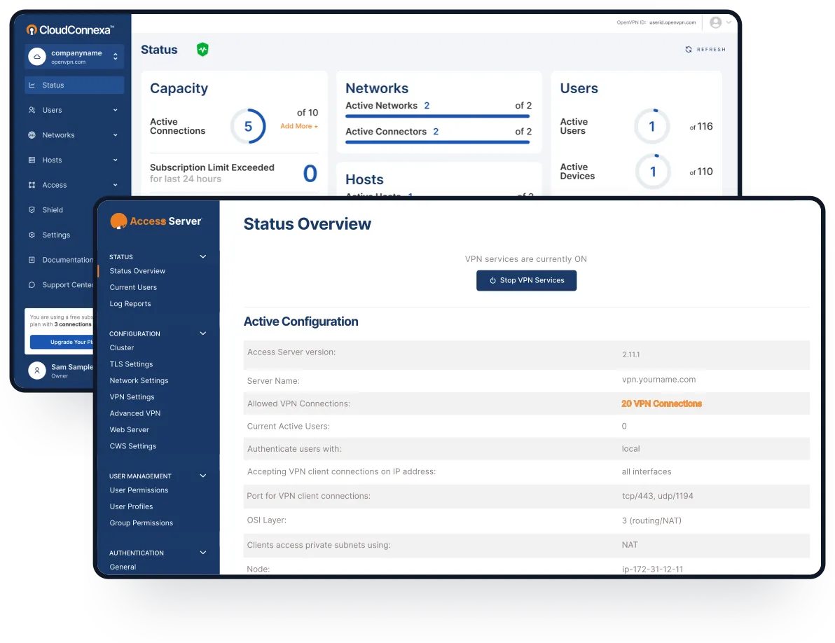 Illustration of secure communication channels with OpenVPN, connecting various locations like remote, hybrid, and on-site with encryption and access control.