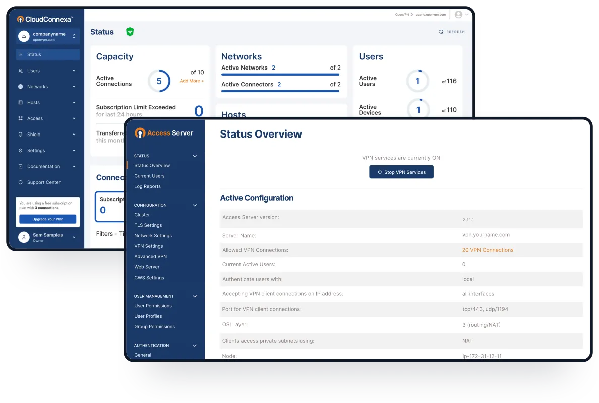 Overlay view of CloudConnexa and Access Server dashboards showing VPN capacity, network connections, user stats, and active server configuration details.