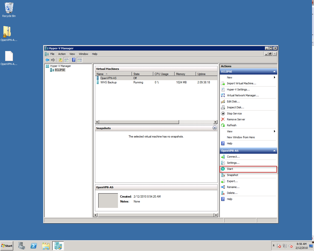 Virtual Machine Manager Интерфейс. Windows 2008 r2.