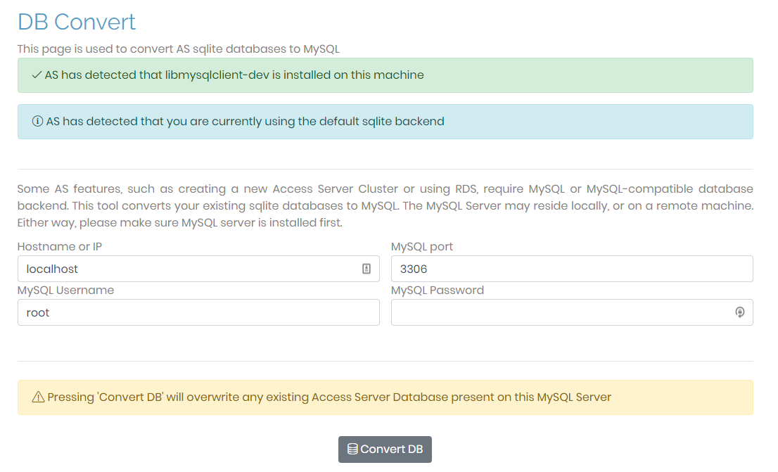 database convert page access server admin ui