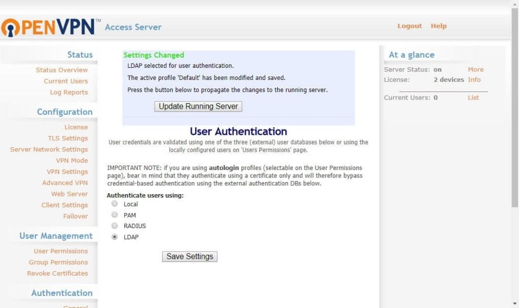 Go to Authentication, General, and set it to LDAP, and save settings