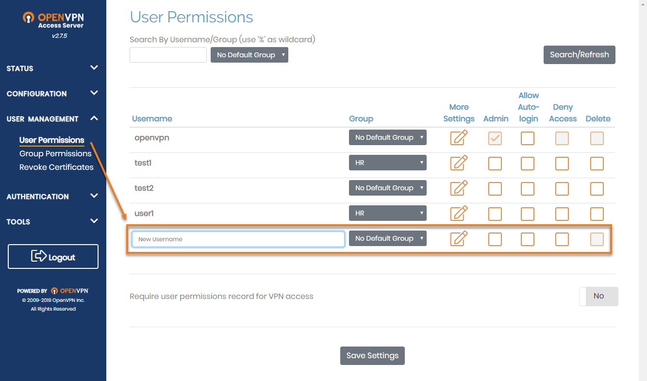 new user permissions